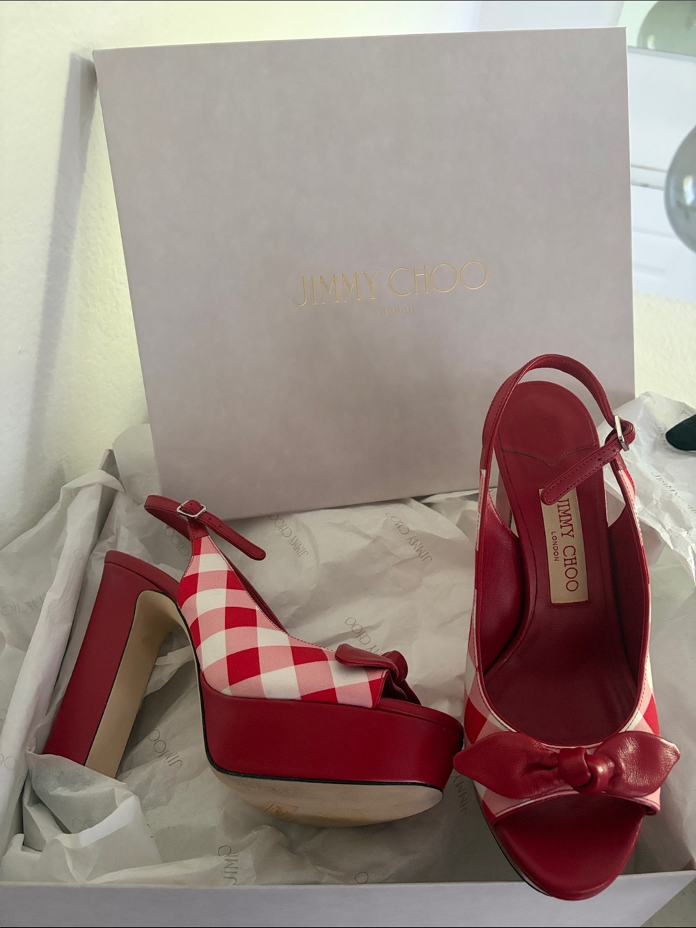 Jimmy Choo Red and White Gingham Platform Slingback Sandals
